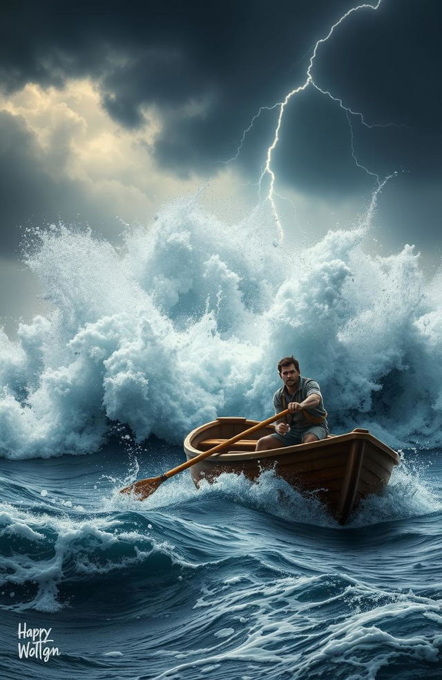 A dramatic scene depicting a lone man in a small rowboat struggling against a powerful sea storm