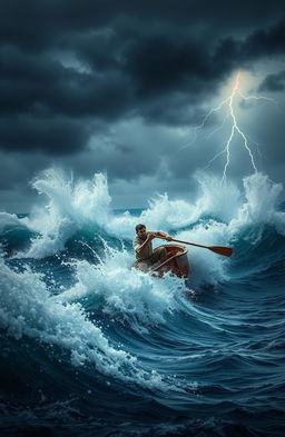 A dramatic scene depicting a lone man in a small rowboat struggling against a powerful sea storm