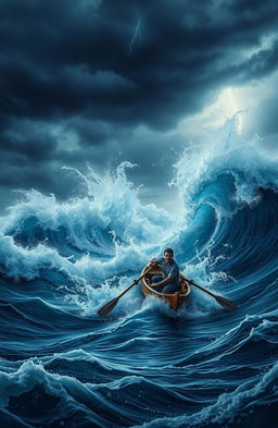 A dramatic scene depicting a lone man in a small rowboat struggling against a powerful sea storm