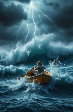 A dramatic scene depicting a lone man in a small rowboat struggling against a powerful sea storm