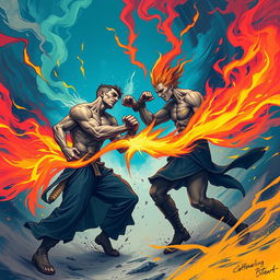 An intense and dynamic illustration titled 'Battling Breathes'