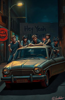 A gritty urban street at night, illuminated by the dim glow of neon signs and a flickering streetlight