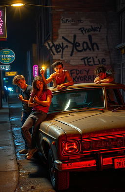 A gritty urban street at night, illuminated by the dim glow of neon signs and a flickering streetlight
