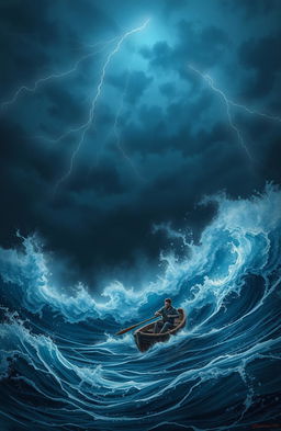A dramatic scene depicting a single man in a small rowboat, battling against gigantic waves during a stormy night at sea