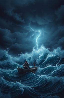 A dramatic scene depicting a single man in a small rowboat, battling against gigantic waves during a stormy night at sea