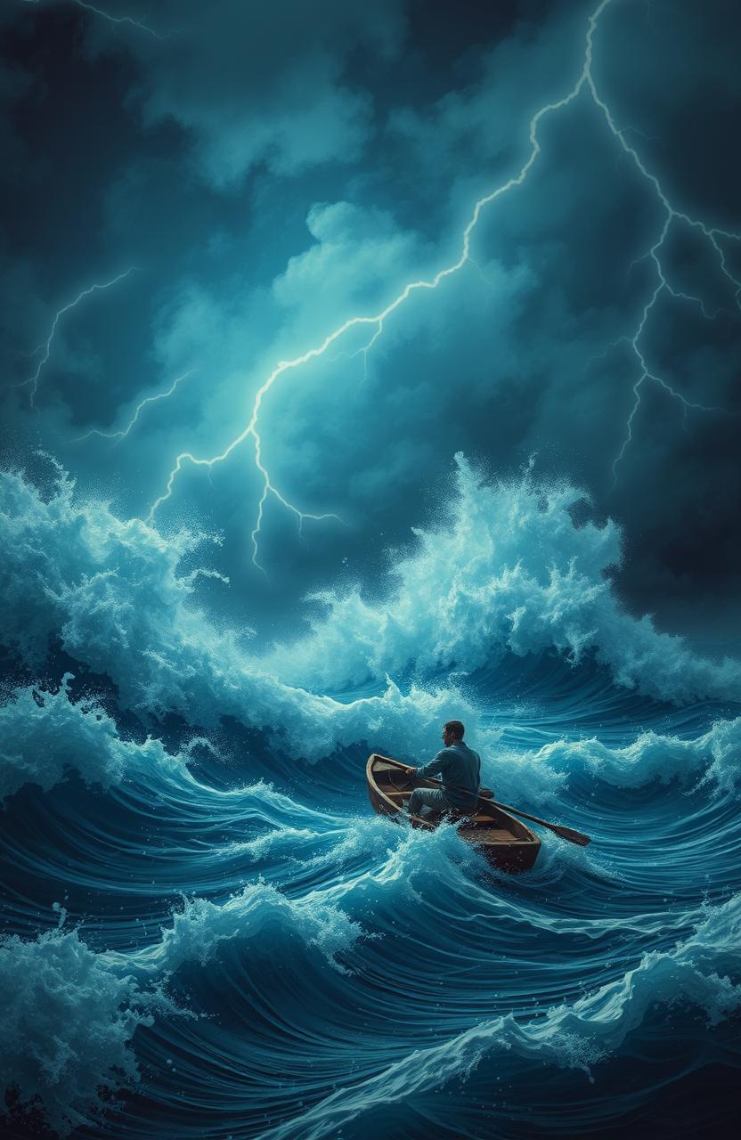 A dramatic scene depicting a single man in a small rowboat, battling against gigantic waves during a stormy night at sea