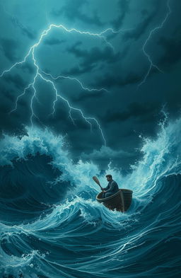 A dramatic scene depicting a single man in a small rowboat, battling against gigantic waves during a stormy night at sea