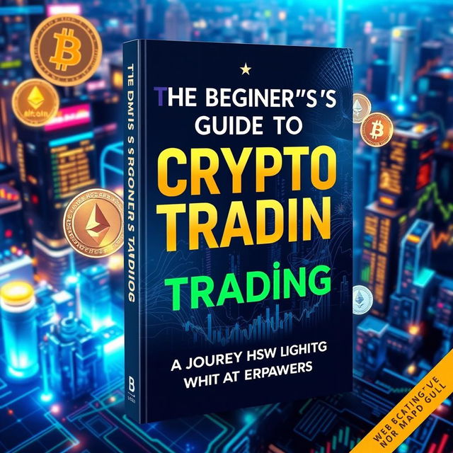 A visually engaging cover for a book titled 'The Beginner's Guide to Crypto Trading: A Journey Through the World of Digital Currency', featuring an abstract representation of various cryptocurrencies such as Bitcoin, Ethereum, and Litecoin, integrated into a vibrant digital landscape