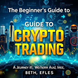 A visually engaging cover for a book titled 'The Beginner's Guide to Crypto Trading: A Journey Through the World of Digital Currency', featuring an abstract representation of various cryptocurrencies such as Bitcoin, Ethereum, and Litecoin, integrated into a vibrant digital landscape