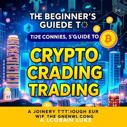 A visually engaging cover for a book titled 'The Beginner's Guide to Crypto Trading: A Journey Through the World of Digital Currency', featuring an abstract representation of various cryptocurrencies such as Bitcoin, Ethereum, and Litecoin, integrated into a vibrant digital landscape