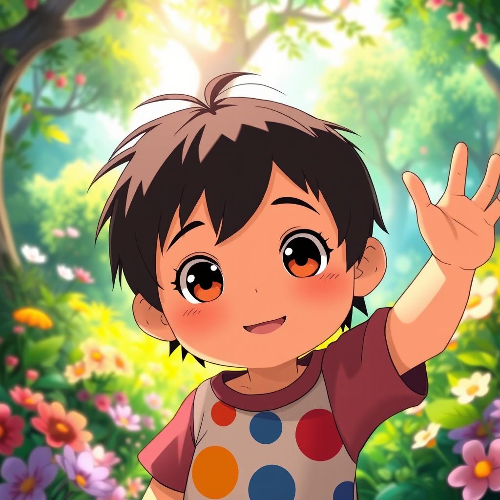 A whimsical scene in the signature Studio Ghibli style, featuring a young child with an expressive face raising their hand