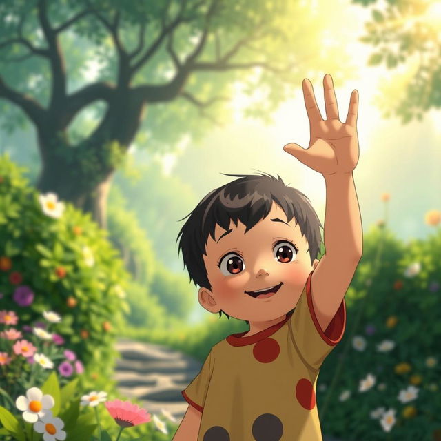 A whimsical scene in the signature Studio Ghibli style, featuring a young child with an expressive face raising their hand