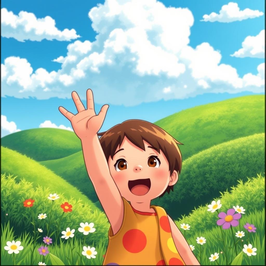 A whimsical, vibrant scene in the style of Studio Ghibli, featuring a young child with an enthusiastic expression, raising their hand excitedly