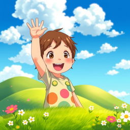 A whimsical, vibrant scene in the style of Studio Ghibli, featuring a young child with an enthusiastic expression, raising their hand excitedly