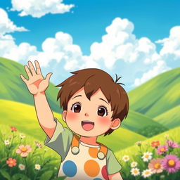 A whimsical, vibrant scene in the style of Studio Ghibli, featuring a young child with an enthusiastic expression, raising their hand excitedly