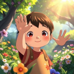 A whimsical scene in the signature Studio Ghibli style, featuring a young child with an expressive face raising their hand