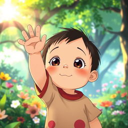 A whimsical scene in the signature Studio Ghibli style, featuring a young child with an expressive face raising their hand