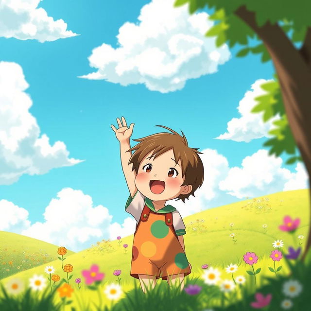 A whimsical, vibrant scene in the style of Studio Ghibli, featuring a young child with an enthusiastic expression, raising their hand excitedly