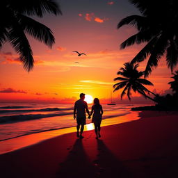 A beautiful sunset over a tropical beach, with vibrant orange and pink hues reflecting off the gentle waves