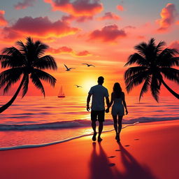 A beautiful sunset over a tropical beach, with vibrant orange and pink hues reflecting off the gentle waves