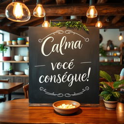 A beautifully designed chalkboard sign in a charming restaurant setting, featuring the inspiring phrase 'Calma, você consegue!' elegantly written in artistic lettering