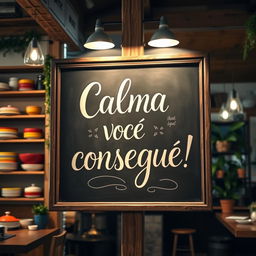 A beautifully designed chalkboard sign in a charming restaurant setting, featuring the inspiring phrase 'Calma, você consegue!' elegantly written in artistic lettering