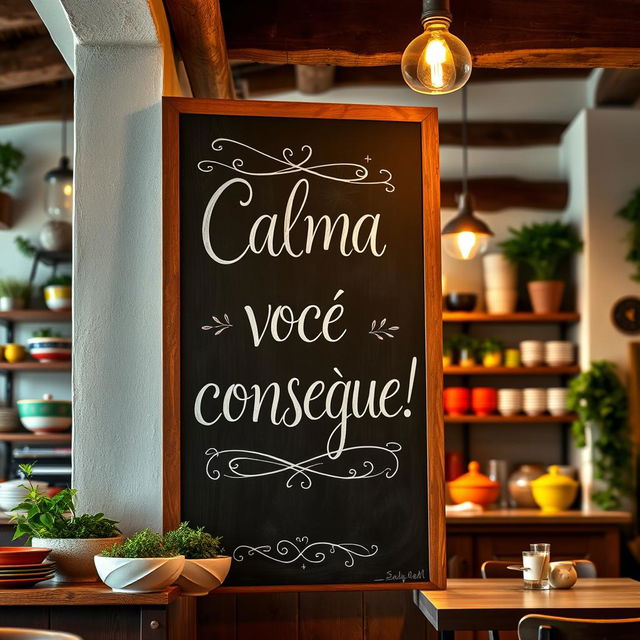 A beautifully designed chalkboard sign in a charming restaurant setting, featuring the inspiring phrase 'Calma, você consegue!' elegantly written in artistic lettering