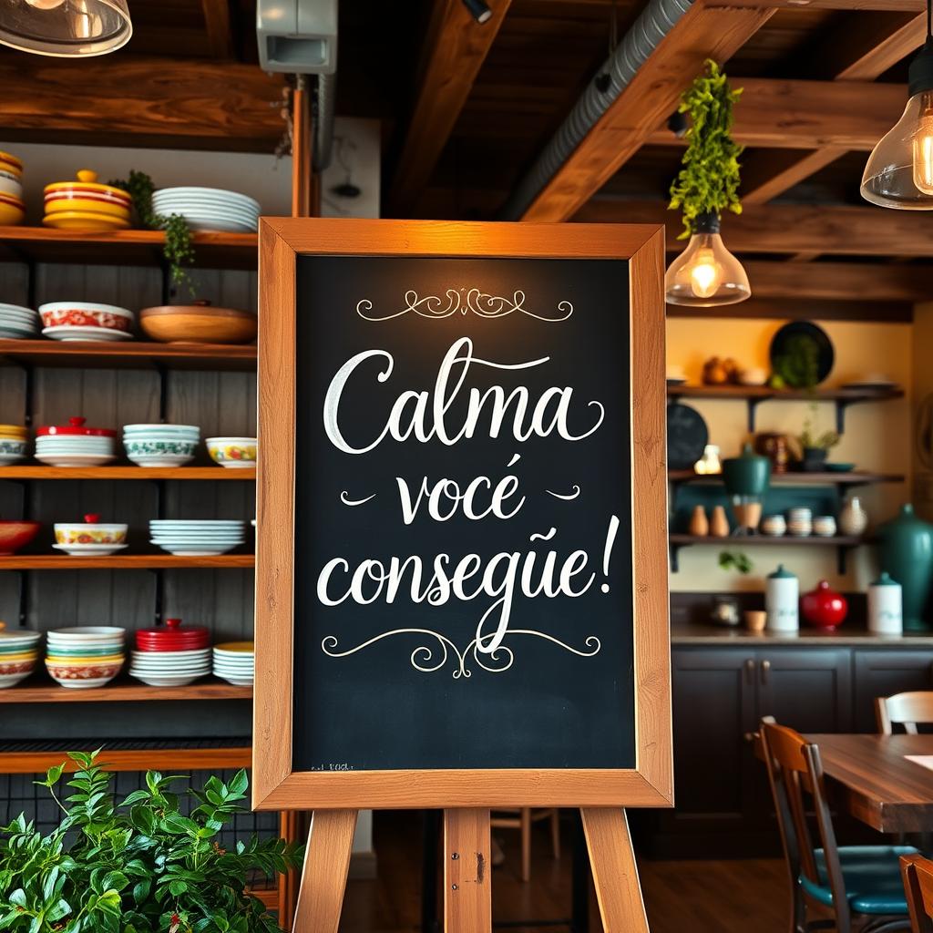 A beautifully designed chalkboard sign in a charming restaurant setting, featuring the inspiring phrase 'Calma, você consegue!' elegantly written in artistic lettering