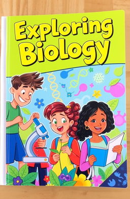 A vibrant, eye-catching biology book cover featuring a cartoon illustration of a diverse group of enthusiastic students engaged in scientific exploration