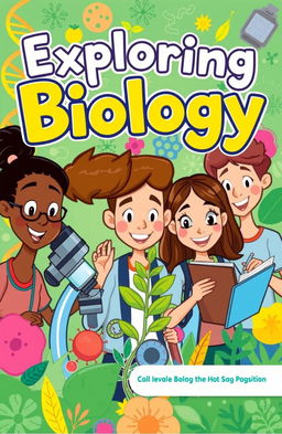 A vibrant, eye-catching biology book cover featuring a cartoon illustration of a diverse group of enthusiastic students engaged in scientific exploration