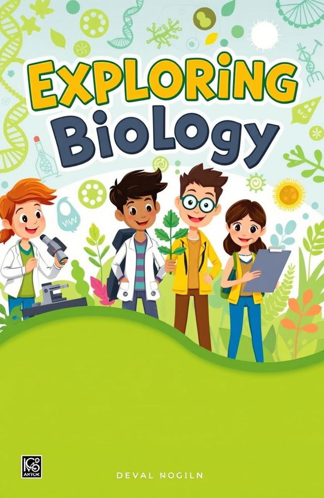 A vibrant, eye-catching biology book cover featuring a cartoon illustration of a diverse group of enthusiastic students engaged in scientific exploration