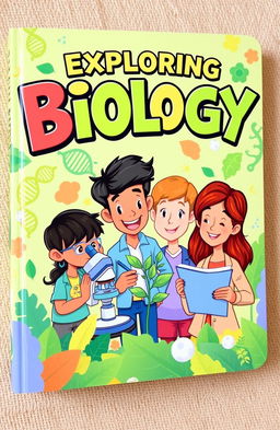 A vibrant, eye-catching biology book cover featuring a cartoon illustration of a diverse group of enthusiastic students engaged in scientific exploration