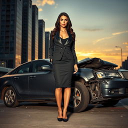 A sexy Russian attorney standing confidently next to a crushed car, dressed in a stylish and form-fitting business outfit, with a chic blazer and pencil skirt