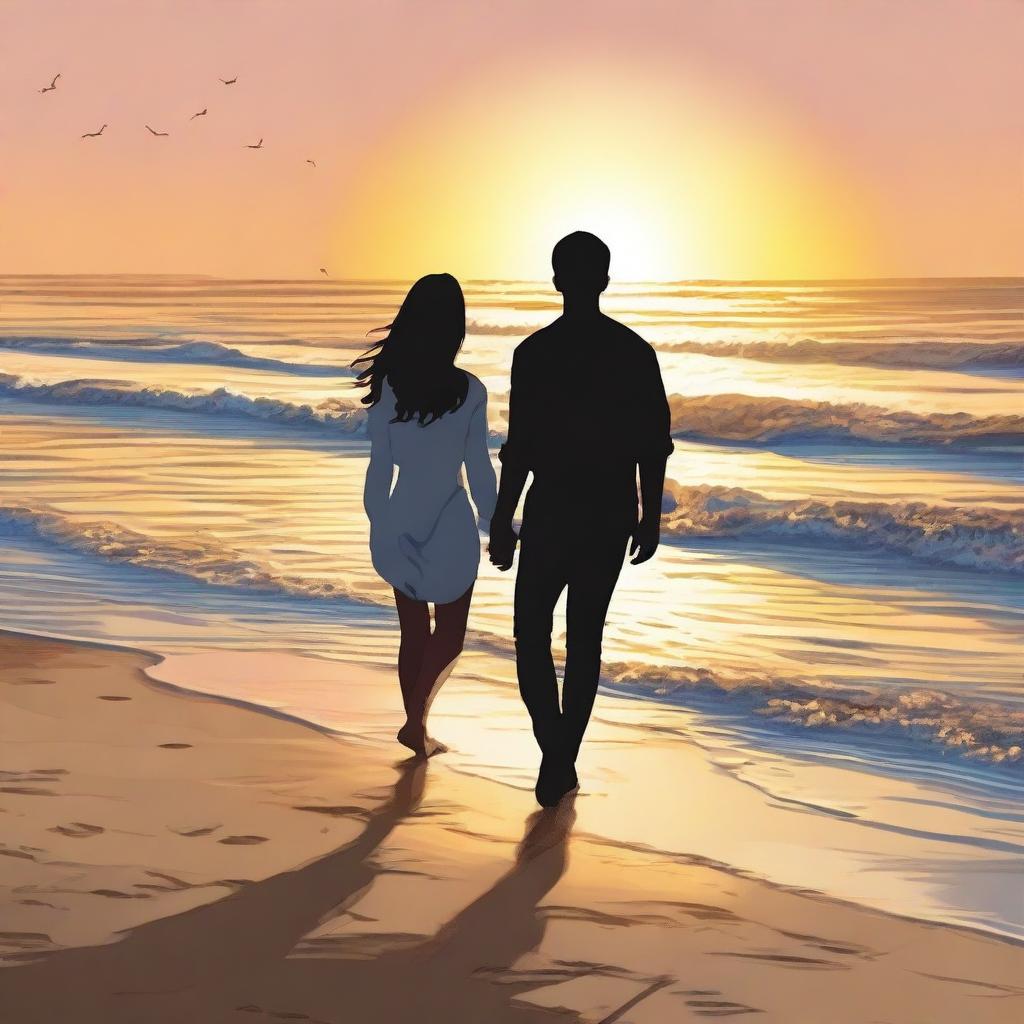 This is a high-quality digital art image featuring a teen couple at a beach