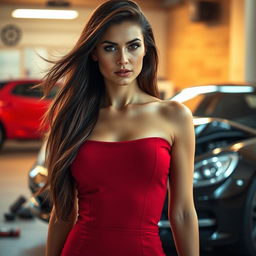 A sexy Russian attorney with long flowing brunette hair, wearing a sleek fitted red dress