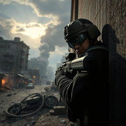 A thrilling scene from a Call of Duty video game, featuring a highly detailed and realistic battlefield setting