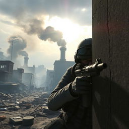 A thrilling scene from a Call of Duty video game, featuring a highly detailed and realistic battlefield setting