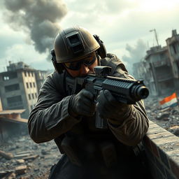 A thrilling scene from a Call of Duty video game, featuring a highly detailed and realistic battlefield setting