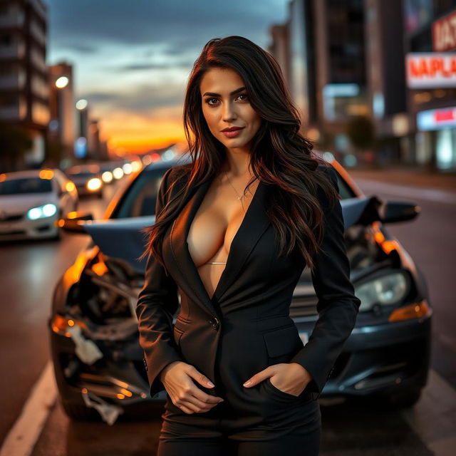 A sexy Brazilian lawyer with a confident and lustful look, wearing a tailored dark suit that accentuates her curves, standing in front of a crushed car in a dramatic urban setting