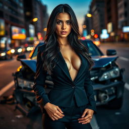 A sexy Brazilian lawyer with a confident and lustful look, wearing a tailored dark suit that accentuates her curves, standing in front of a crushed car in a dramatic urban setting