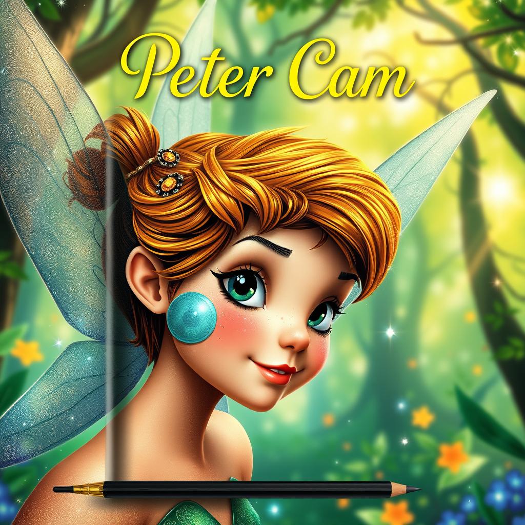 A whimsical and enchanting book cover reminiscent of the classic 'Peter Pan' artwork, capturing a fairy with intricate features and sparkling wings