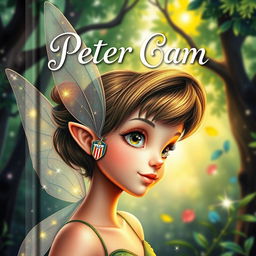 A whimsical and enchanting book cover reminiscent of the classic 'Peter Pan' artwork, capturing a fairy with intricate features and sparkling wings
