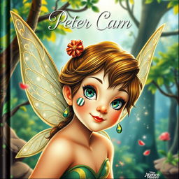 A whimsical and enchanting book cover reminiscent of the classic 'Peter Pan' artwork, capturing a fairy with intricate features and sparkling wings