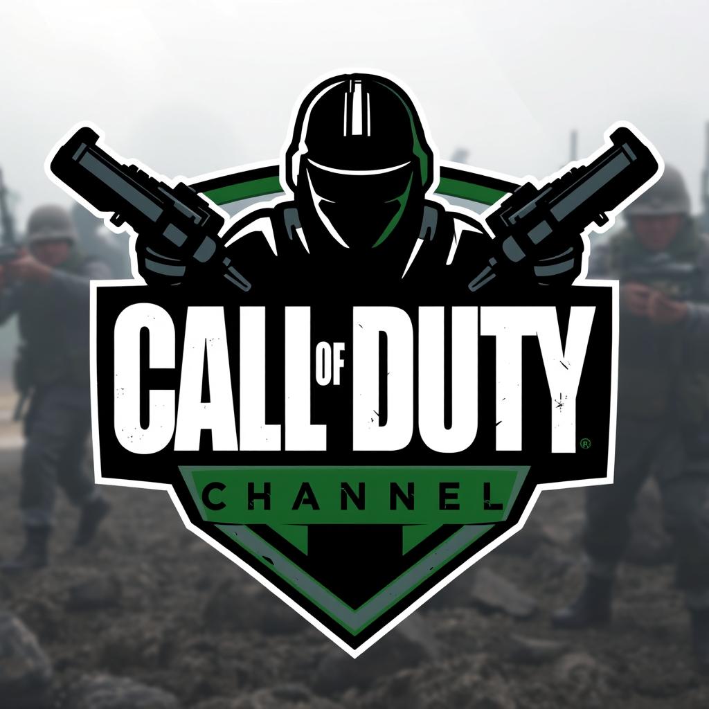 A bold and dynamic logo design for a Call of Duty themed channel, featuring an iconic military style font with sharp angles and a rugged texture