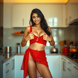 A beautiful Indian brunette young woman, 18 years old, standing confidently in a modern kitchen, gracefully opening the buttons of her tight, small red choli