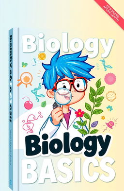 A vibrant and engaging book cover design for a biology textbook, featuring a cartoon-style student with bright blue hair, wearing a lab coat and safety goggles