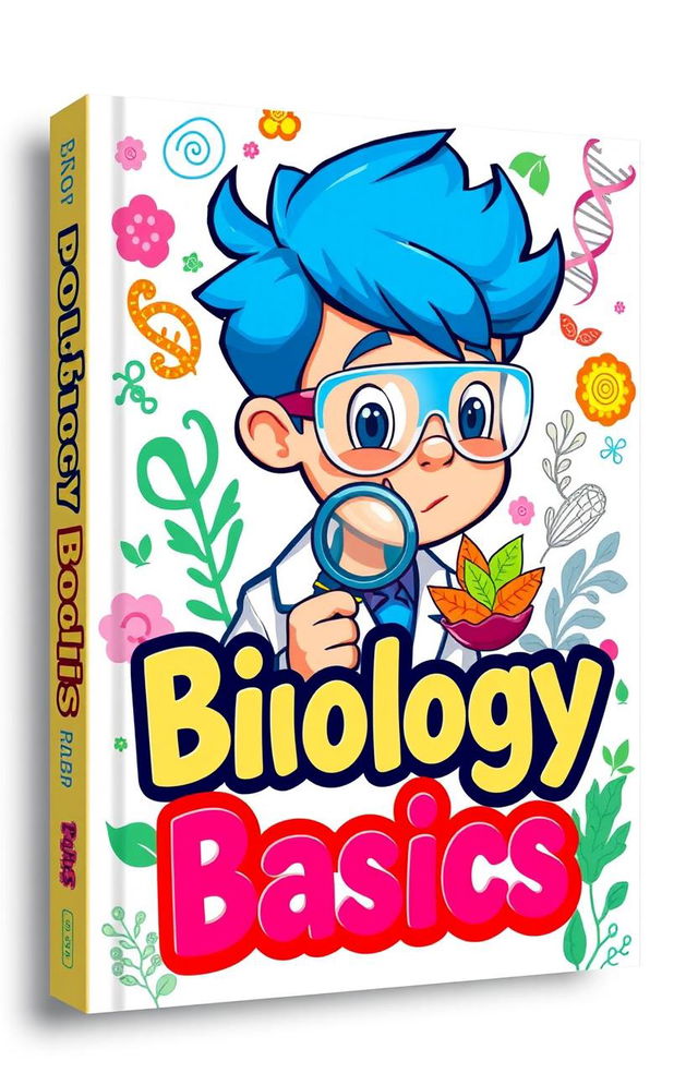 A vibrant and engaging book cover design for a biology textbook, featuring a cartoon-style student with bright blue hair, wearing a lab coat and safety goggles