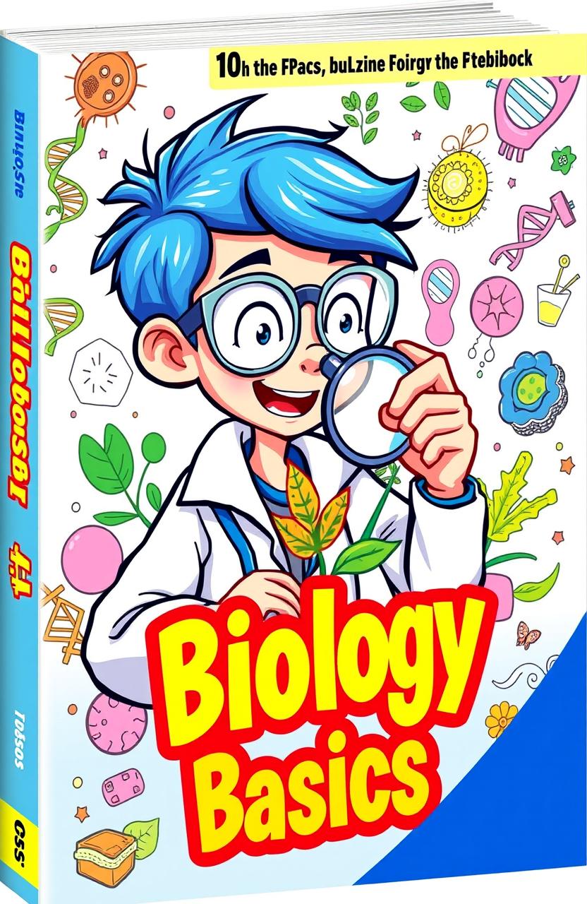 A vibrant and engaging book cover design for a biology textbook, featuring a cartoon-style student with bright blue hair, wearing a lab coat and safety goggles