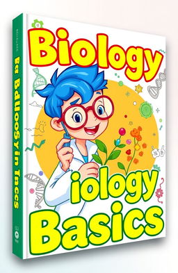 A vibrant and engaging book cover design for a biology textbook, featuring a cartoon-style student with bright blue hair, wearing a lab coat and safety goggles
