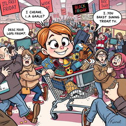 A funny cartoon featuring a girl humorously navigating a chaotic Black Friday shopping scene
